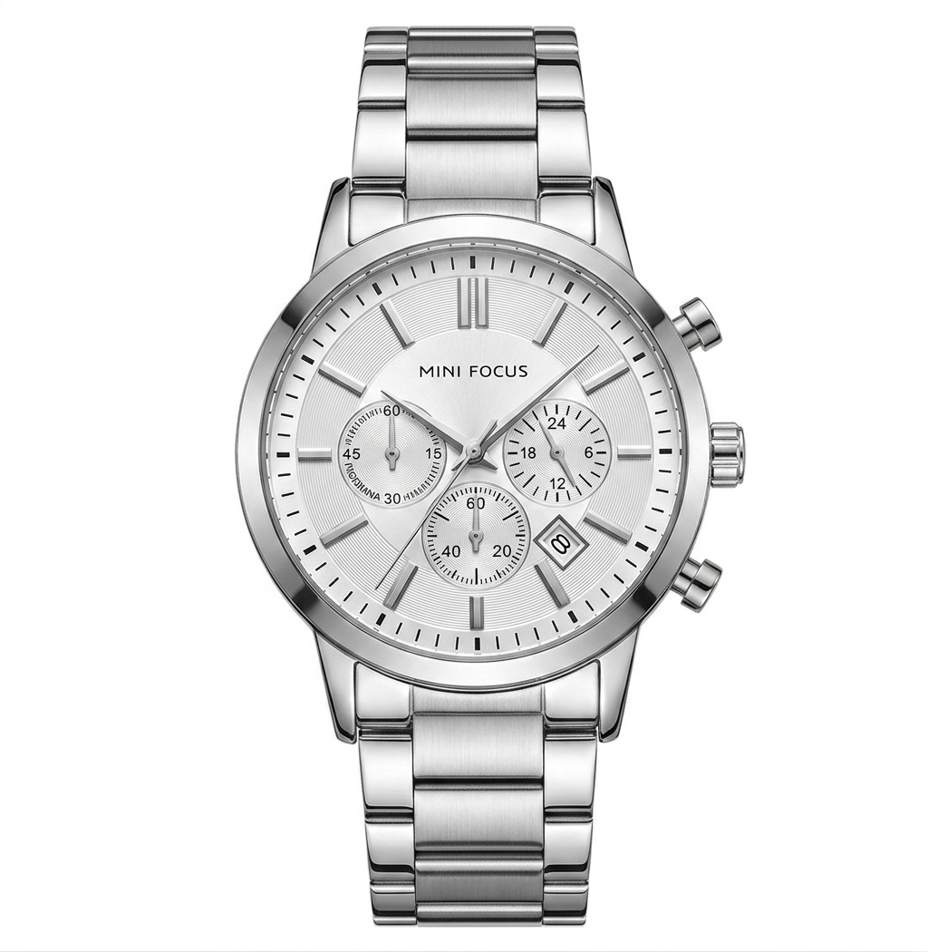 Mini Focus Men's Silver Stainless Steel Chronograph Watch - Luxury Quartz Wristwatch with Date Display