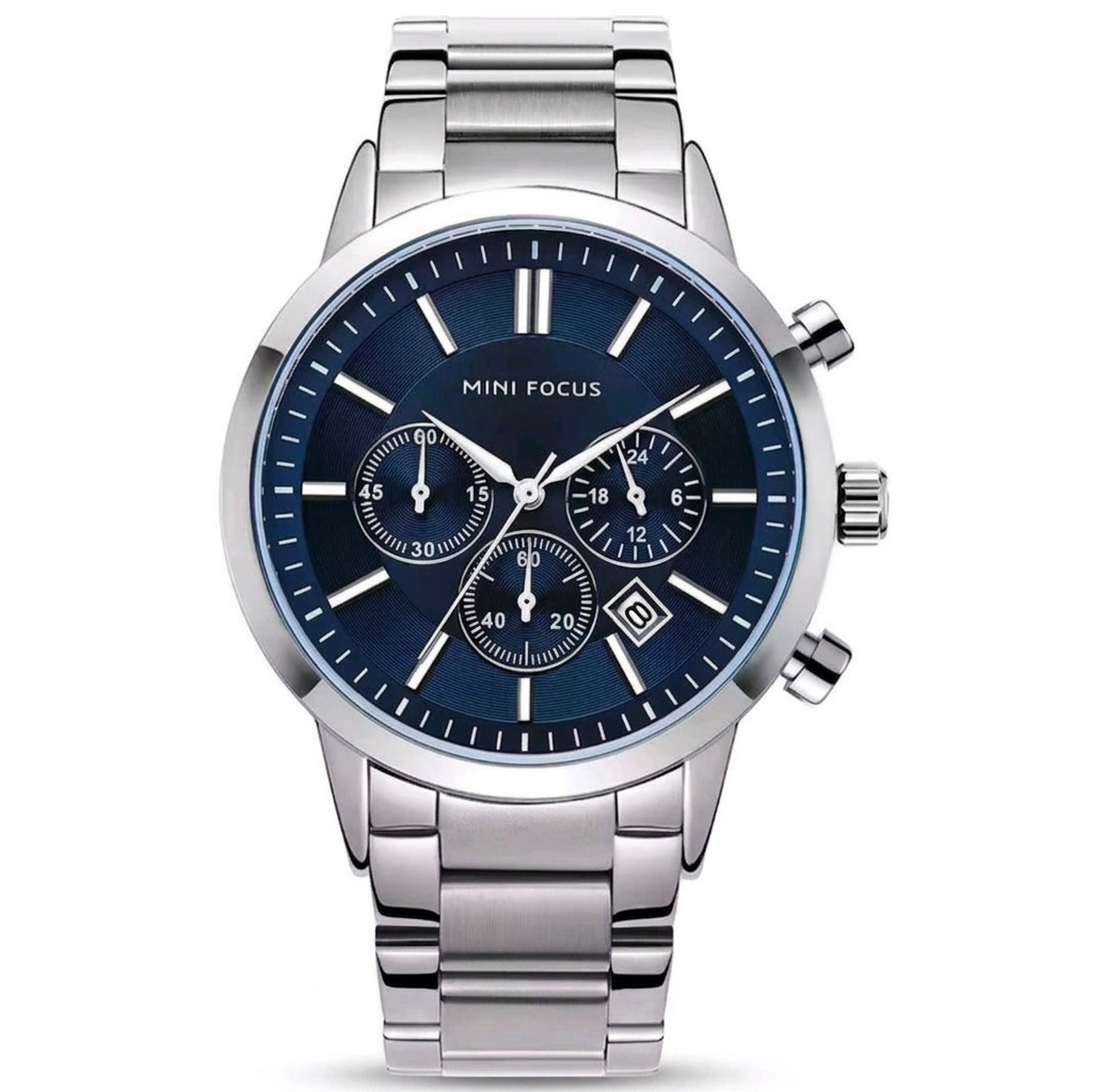 Mini Focus Men's Luxury Blue Dial Watch - Silver Stainless Steel Chronograph with Date Display