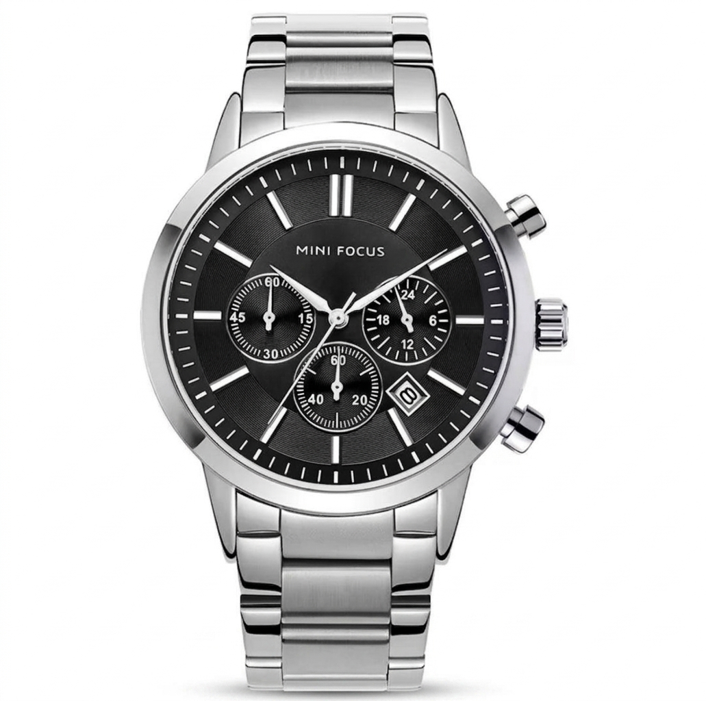 Mini Focus Men's Silver Stainless Steel Chronograph Watch - Luxury Business Wristwatch with Black Dial and Date