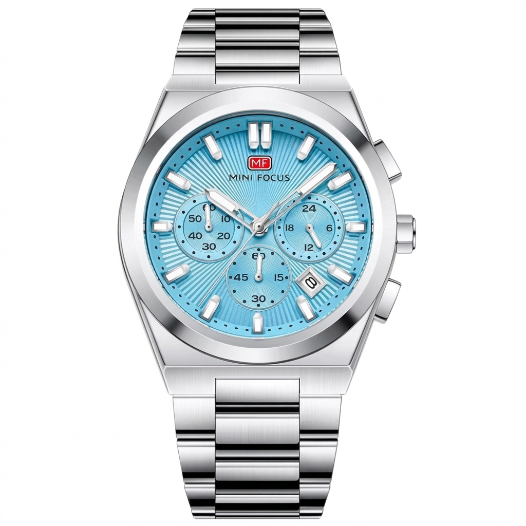 Mini Focus Men's Luxury Sky Blue Watch - Silver Stainless Steel Chronograph