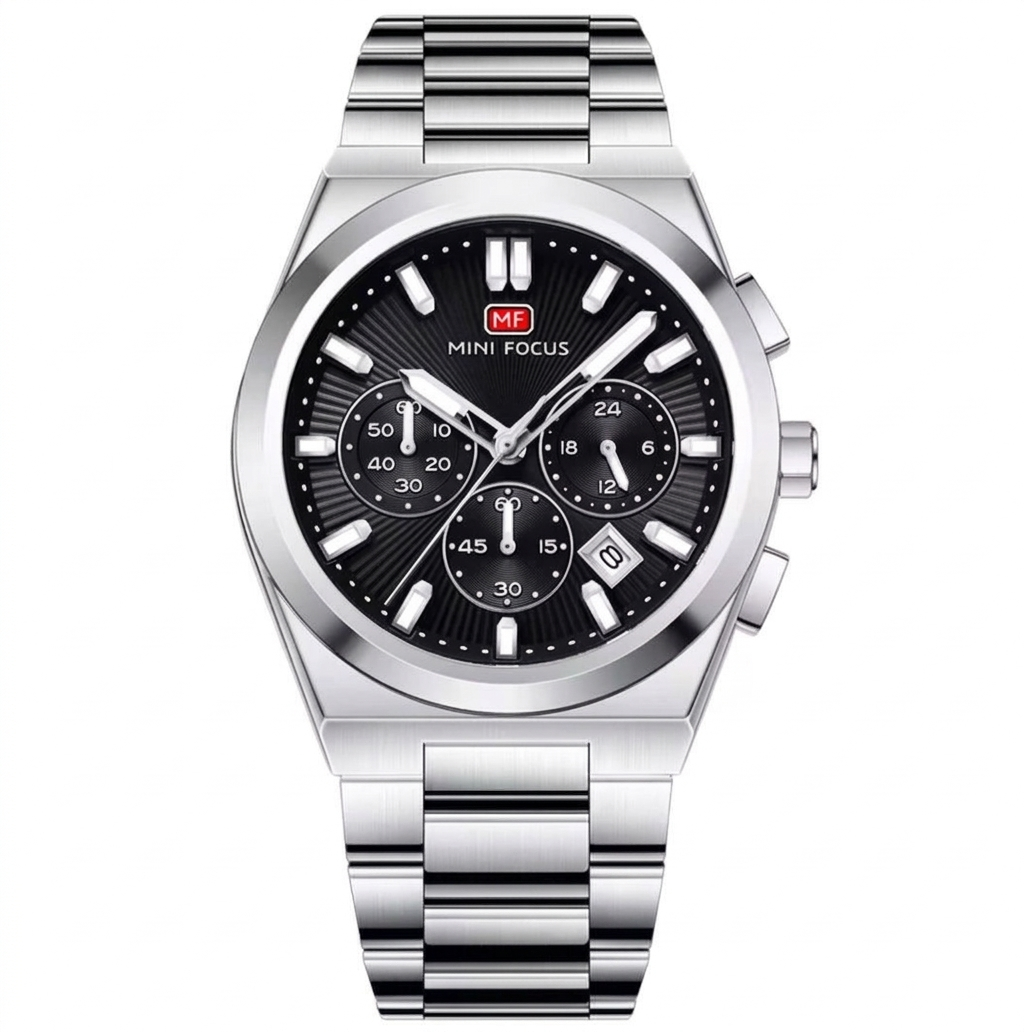 Mini Focus Men's Executive Black Watch - Silver Stainless Steel Chronograph