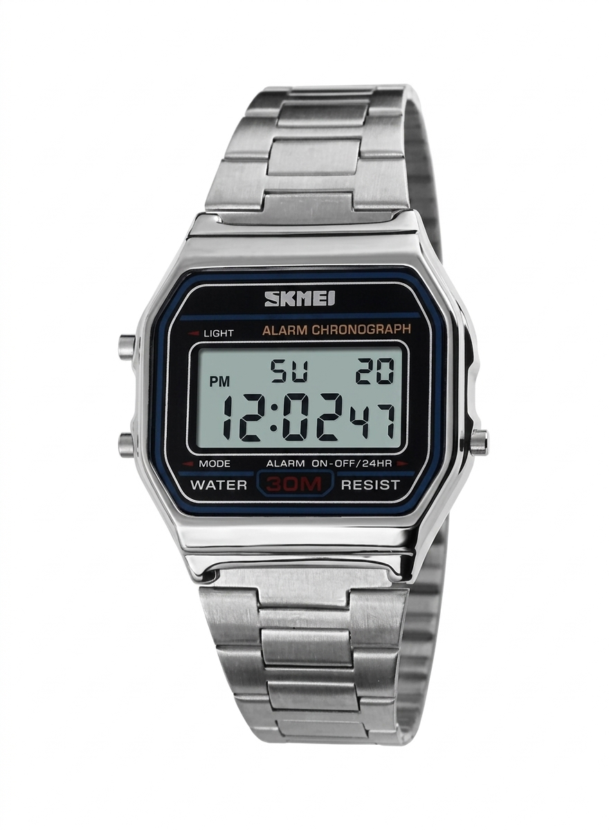 SKMEI Classic Silver Digital Watch - Retro Stainless Steel Men's Wristwatch (Waterproof)