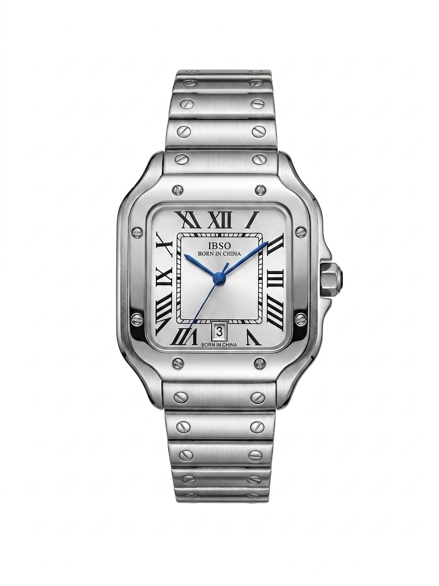 IBSO Luxury Santos Edition Watch - Square Roman Dial Silver Stainless Steel for Men