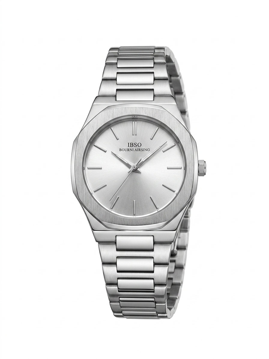 IBSO Minimalist Silver Sunray Watch - Slim Octagonal Stainless Steel Men's Wristwatch