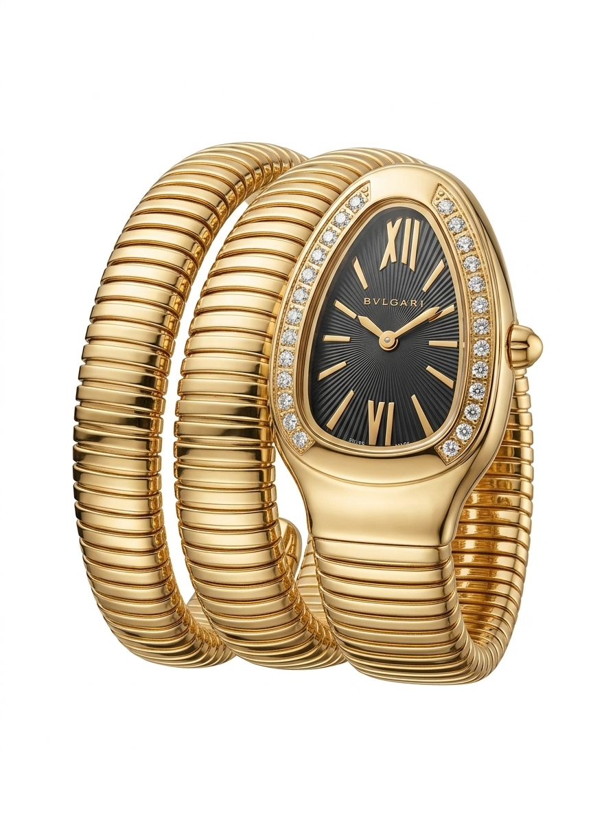 Bvlgari Serpenti Tubogas - 18K Gold Double Spiral Watch with Black Sunray Dial