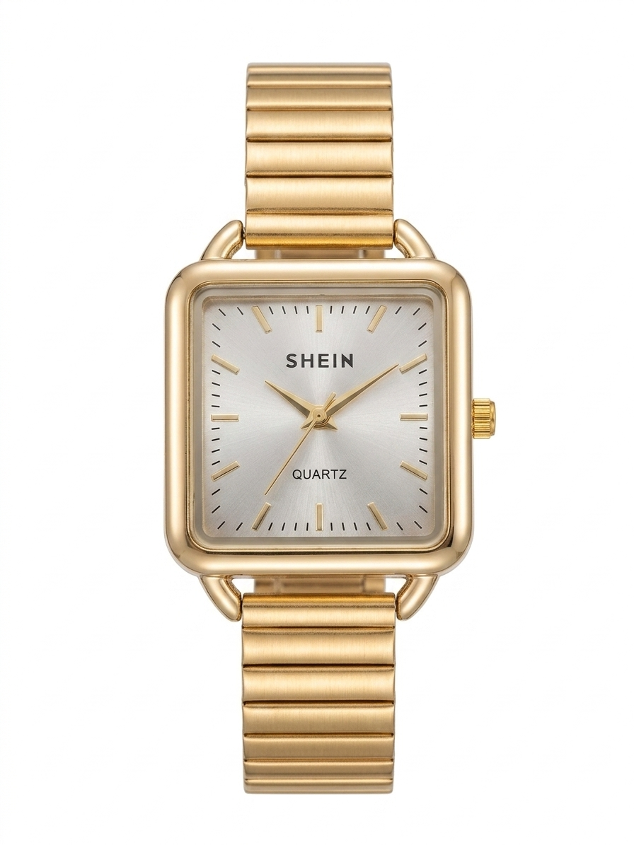 Classic Square Gold-Tone Quartz Watch with Sunray Silver Dial