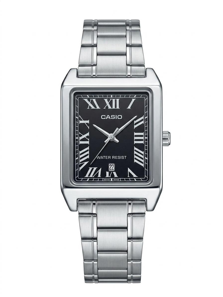 Casio LTP-V007D-1B Elegant Rectangular Watch - Black Dial & Silver Steel