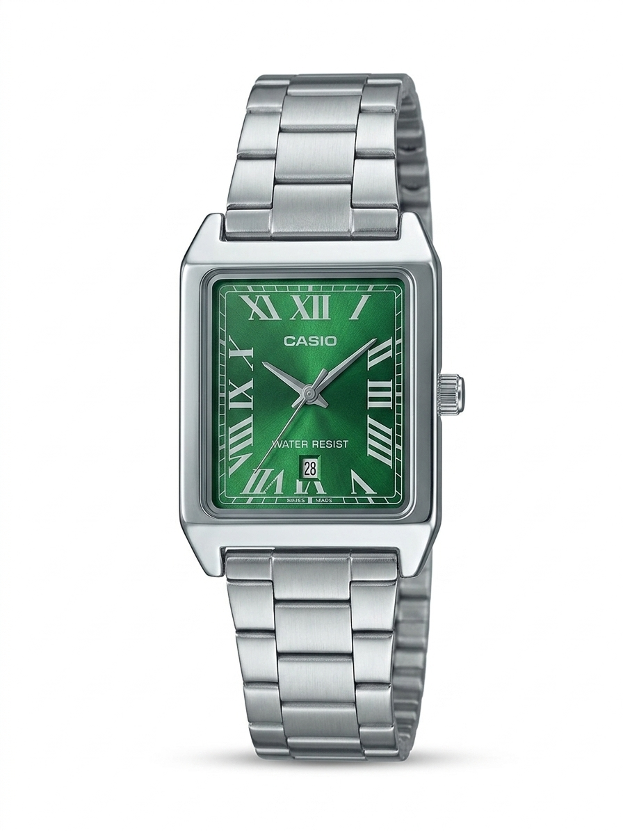 Casio LTP-V007D-3B Retro Rectangular Watch - Emerald Green Dial & Silver Steel