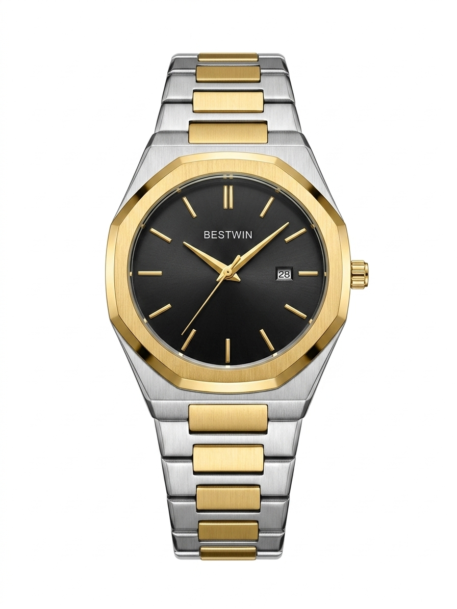 Bestwin Luxury Octagonal Quartz Watch - Two-Tone Gold & Silver with Black Dial