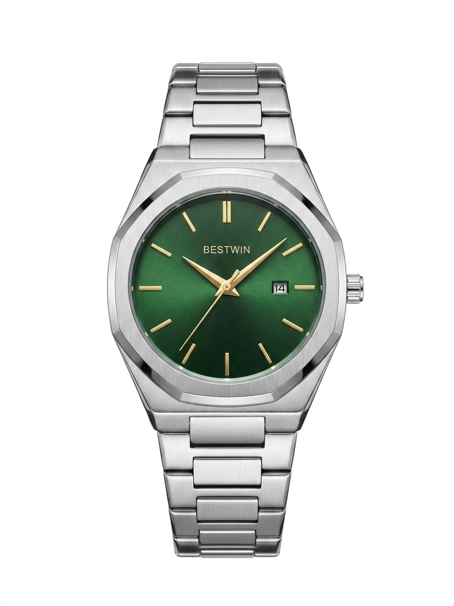 Bestwin Luxury Octagonal Watch - Sunray Emerald Green Dial & Silver Steel