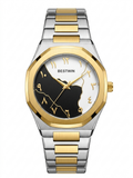 Bestwin Luxury Two-Tone Arabic Dial Watch - Black & White Map Face with Gold Accents
