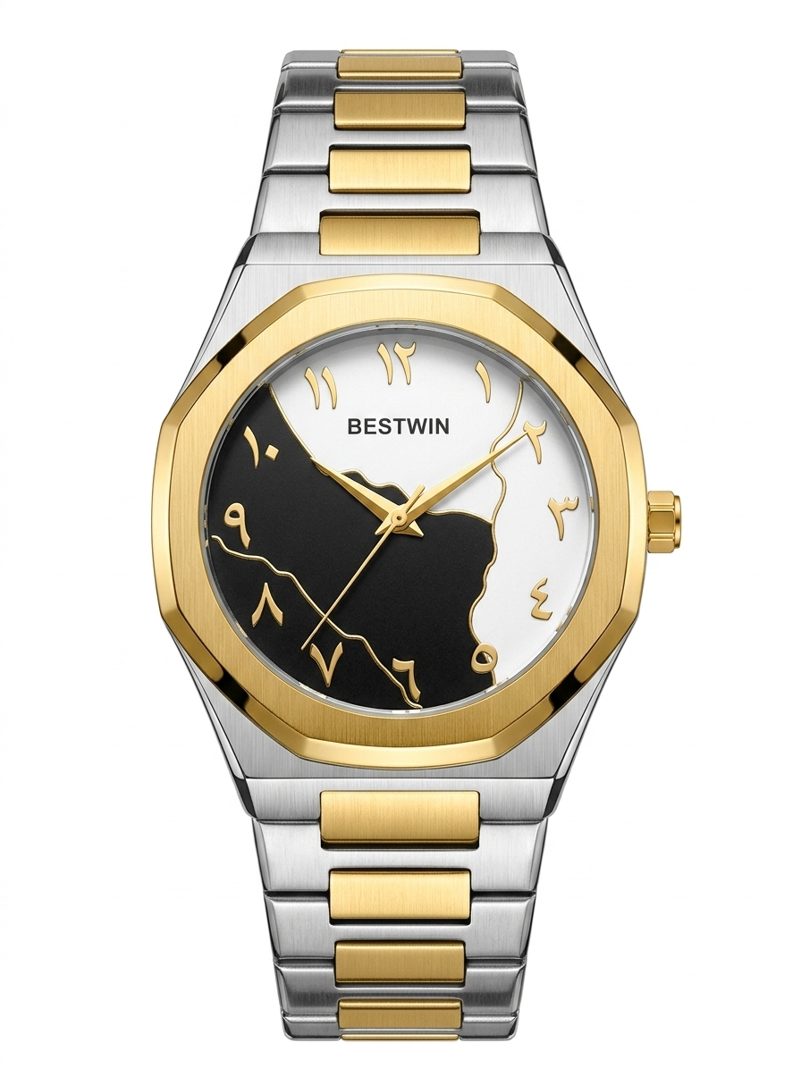 Bestwin Luxury Two-Tone Arabic Dial Watch - Black & White Map Face with Gold Accents