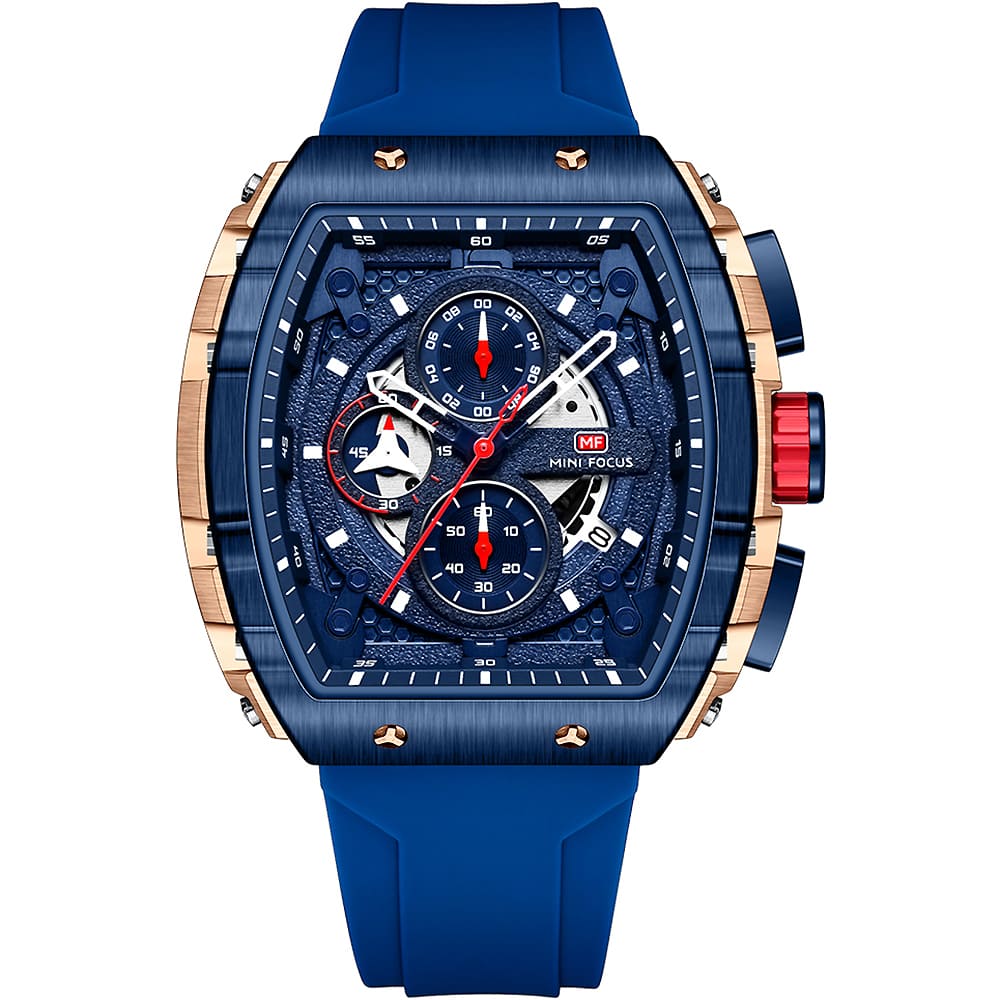 Mini Focus Men’s Luxury Watch - Royal Blue Silicone Strap & Rose Gold Tonneau Case Chronograph