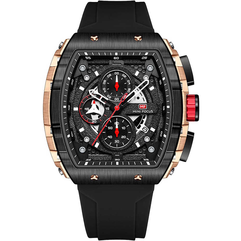 Mini Focus Men’s Luxury Watch - Black Silicone Strap & Rose Gold Tonneau Case Chronograph