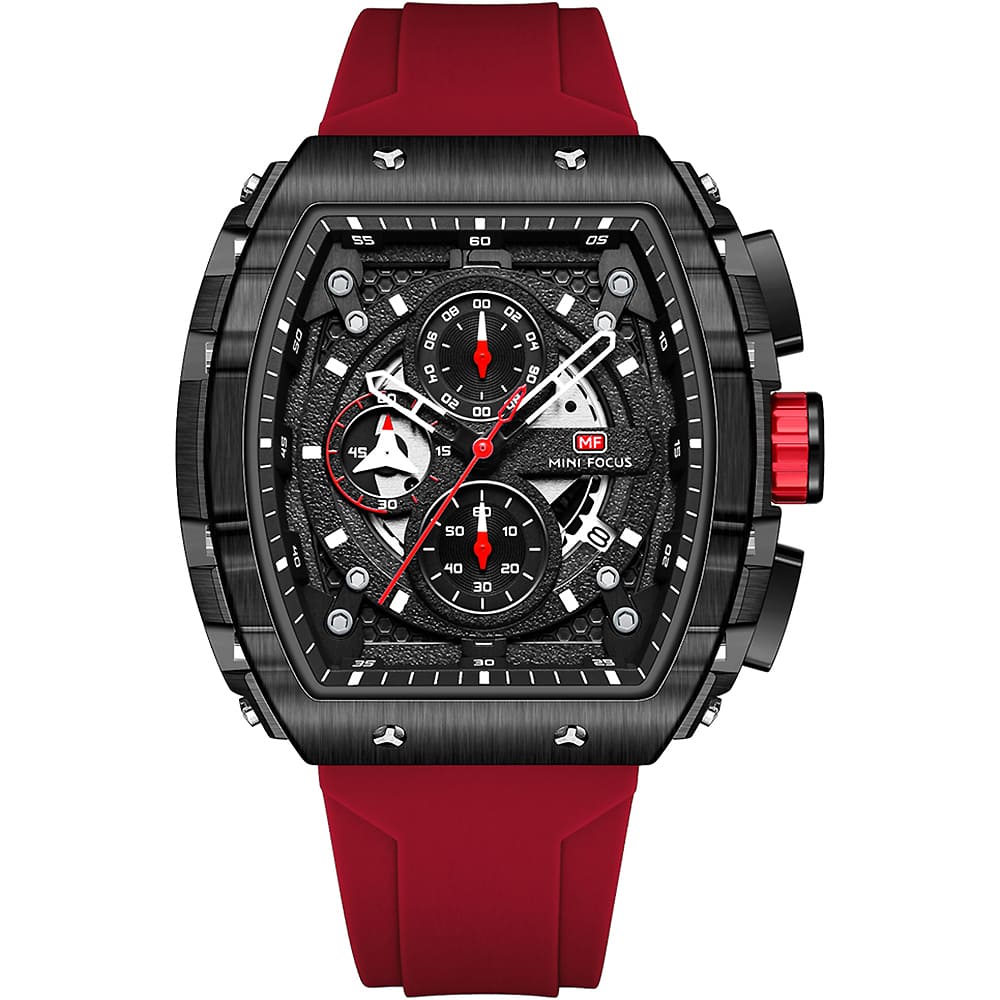Mini Focus Men's Quartz Watch - Luxury Tonneau Design with Red Silicone Strap & Chronograph