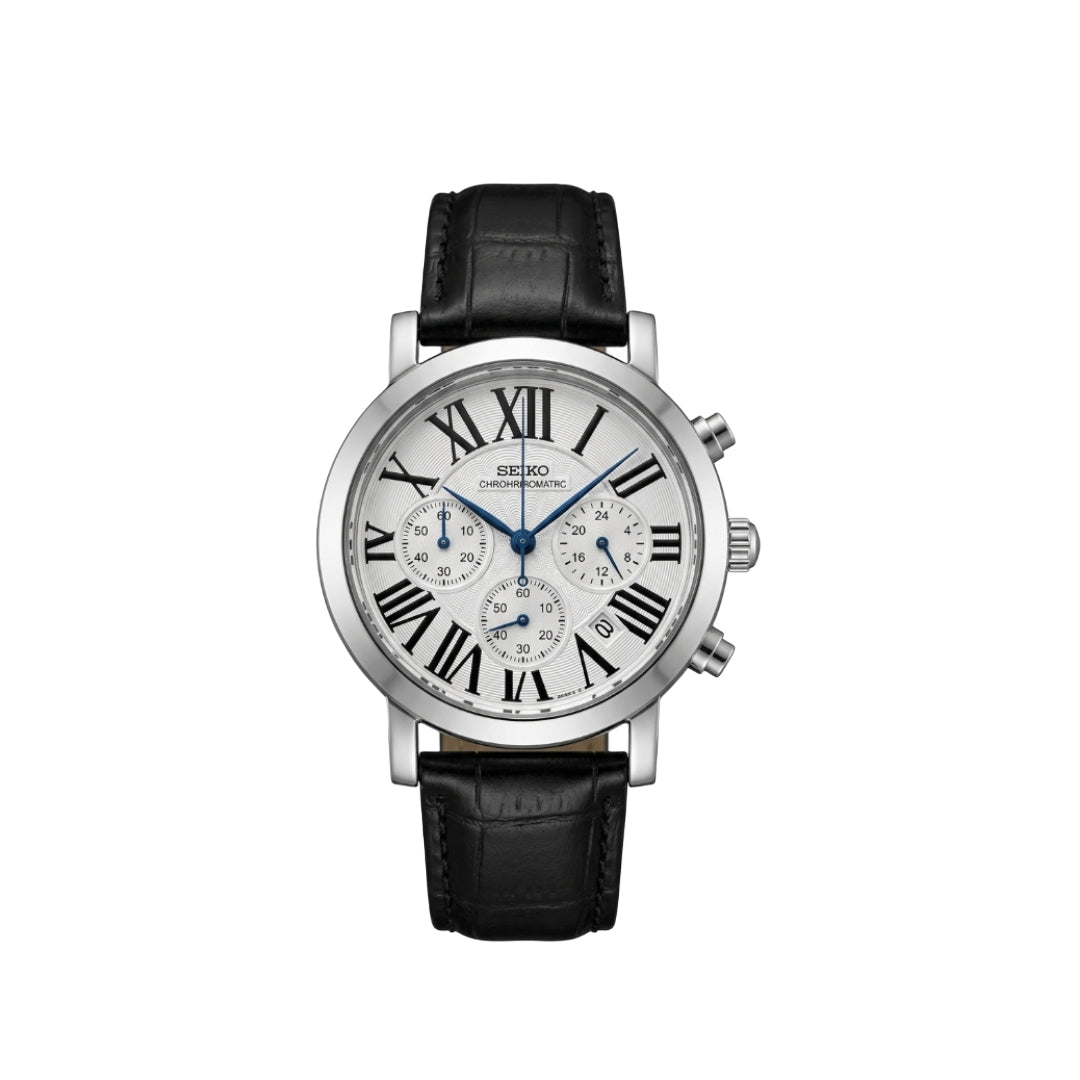 Seiko Chronograph Men's Watch - White Roman Dial with Black Leather Strap