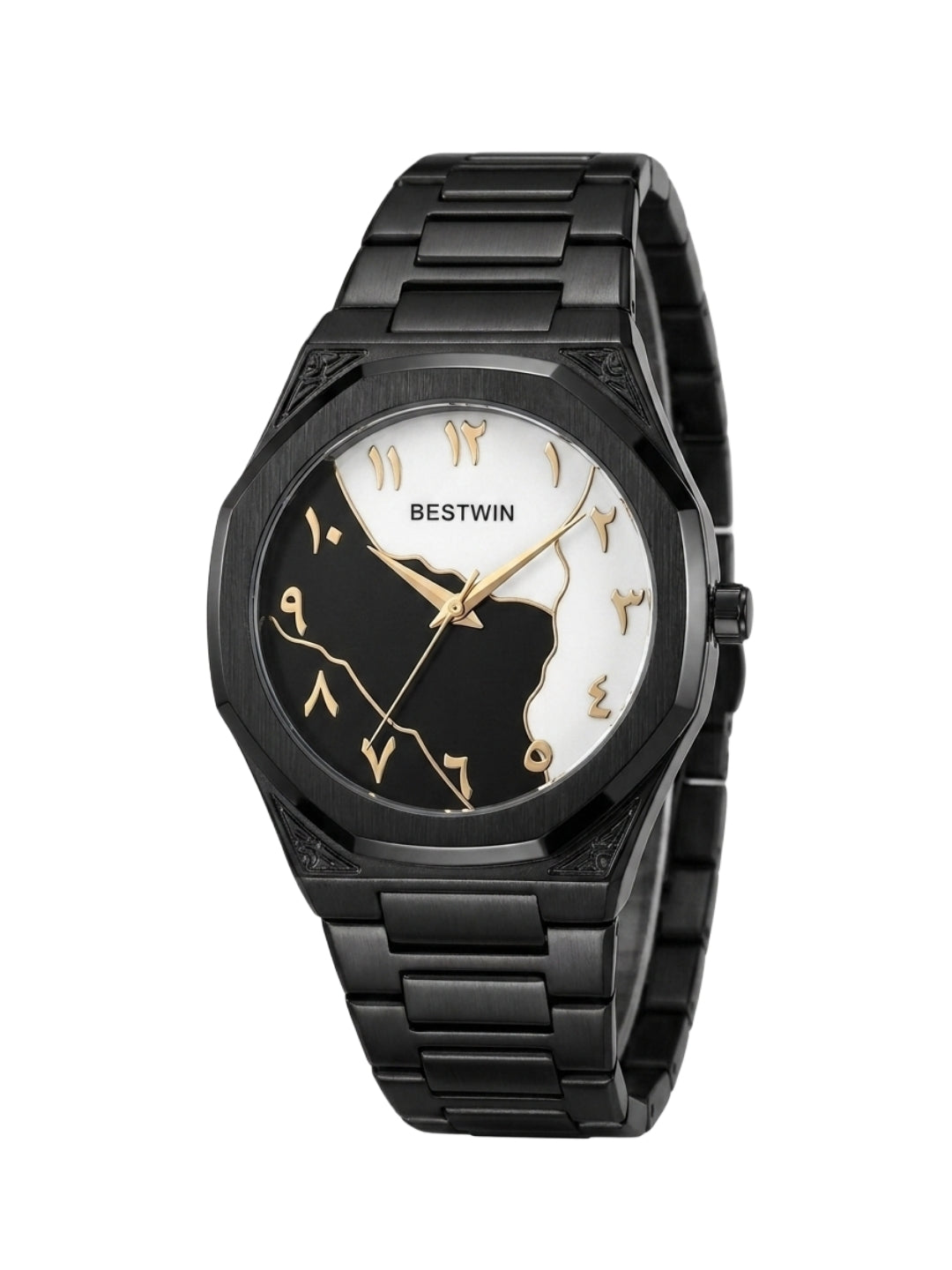 Bestwin Black & White Map Dial Luxury Watch - Arabic Numerals & All-Black Steel